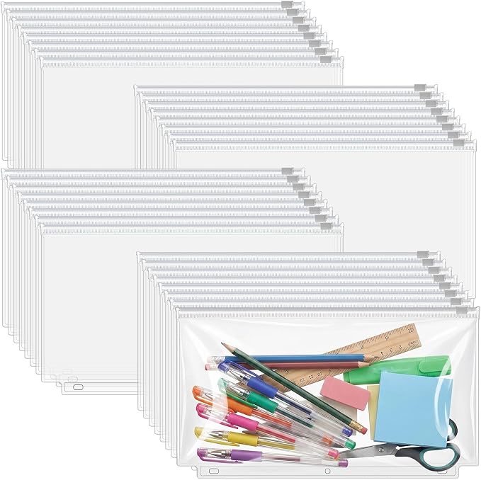 Gilprop 100 Pcs Clear Binder Zipper Pouches 3 Rings PVC Waterproof Loose Leaf Bags Letter Size Binder Pockets 11.5 x 6.7'' Fill Folders Document Organizer for Office Supplies Filling Storage
