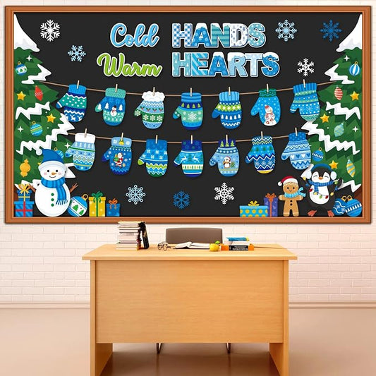 Pasimy Winter Bulletin Board Decorations Set Christmas Classroom Decorations DIY Blue Gloves Snowman Xmas Tree Snowflake Paper Cutouts with Wooden Clips for School Chalkboard Teacher Holiday Party