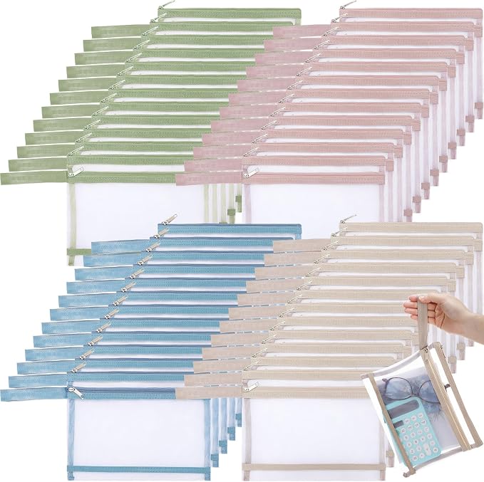 MotiMind 48 Pack Double Layer Mesh Zipper Pouch Bags 9.45 x 7.09 In/ A5 Large Capacity Zipper Mesh Bags for Organizing Storage Colored Storage Pouch with Handle for School Office and Home
