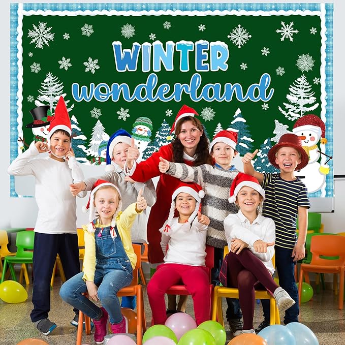 Winter Wonderland Bulletin Board Set Winter Snowman Bulletin Board Christmas Classroom Decorations Snowy Tree Snowflake Cutouts for Xmas Holiday Party School Classroom Home Chalkboard Wall Decor