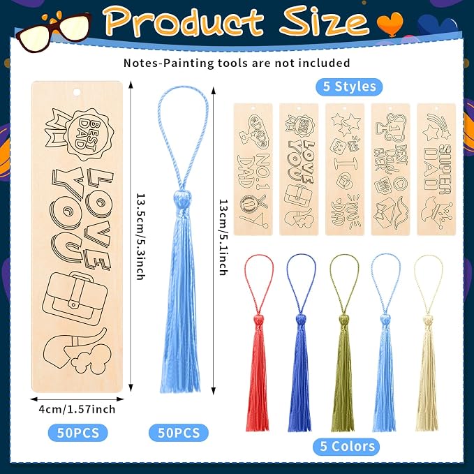 AmazingSpark 100 Pcs Father's Day Wood Bookmarks Bulk DIY Crafts Kit, 50 Set Blank Coloring Bookmarks with Tassel for Dad Grandpa Father's Day Gifts Classroom Activity Party Favor
