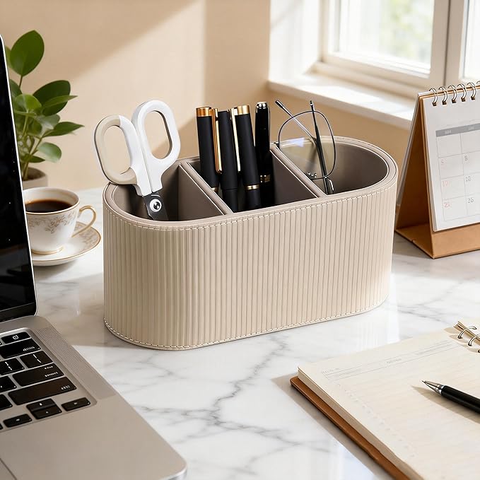 PU Leather Pen Holder with Compartments for Office White Pen Holder for Desk Decoration Multifunctional Pencil Organizer for Office Teacher Classroom Cosmetics Gifts Accessories Favor (Beige 1)