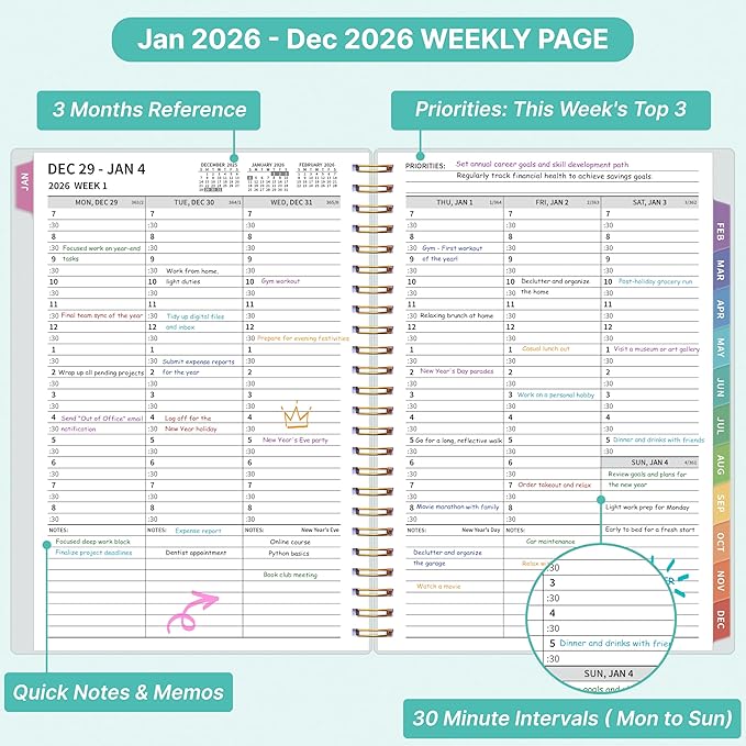 2026 Appointment Book, 30 Minutes-Hourly, Weekly ＆ Monthly Calendar Planner 2026, Jan 2026 - Dec 2026, 6.2'' x 8.4'', 2026 Daily Planner with Tabs ＆Pocket, Flexible Cover, Great for Office, Home, School