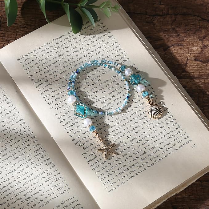 Seashell Starfish Beaded Bookmark - Ocean Blue Beads Book Mark for Women, Unique Coastal Aesthetic Accessories Bookish Gifts for Booklovers Students Teachers