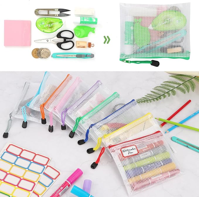 AOBOPLE 36pcs Mesh Zipper Pouch,4.9x6.3 inch Waterproof Zipper Bags with Colored Stickers 9 Colors Plastic Zippered Pouches Small Organizing Bags for Travel Storage and Office Supplies