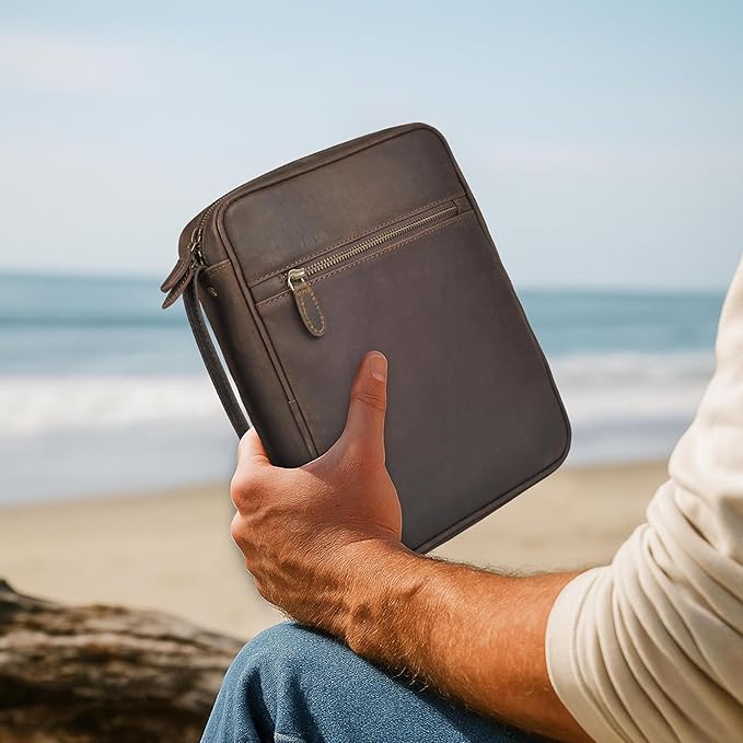 LEATHER VILLAGE Genuine Leather Bible Cover with Zipper for Men & Women - Large Bible Case Carrying Bag Book Cover & Organizer with Handle and Pockets - Leather Bible Covers for Church Study - Brown