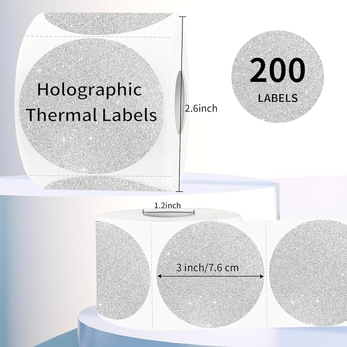 STARLIBOO 3 Inch Holographic Labels, Circle Direct Thermal Labels Stickers, Self-Adhesive Round Printer Labels for DIY Logo Design (Holographic Shiny Silver)