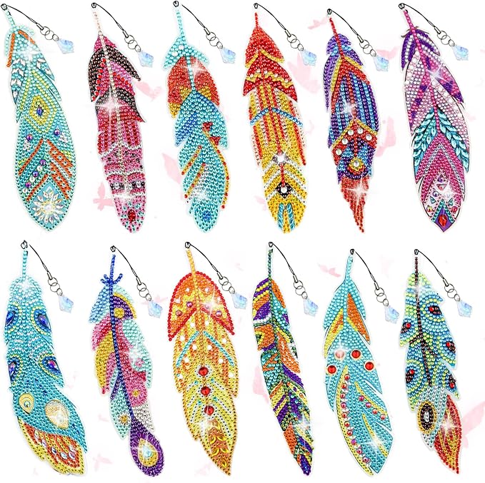 12 Pcs Diamond Painting Bookmark, Crystal DIY Book Makers for Book Lovers, Diamond Art Beginners, Small Diamond Art Kits with Pendant, Paint by Art Crafts Gift for Women Girls (Feather)