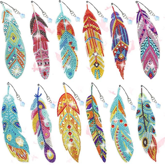 12 Pcs Diamond Painting Bookmark, Crystal DIY Book Makers for Book Lovers, Diamond Art Beginners, Small Diamond Art Kits with Pendant, Paint by Art Crafts Gift for Women Girls (Feather)