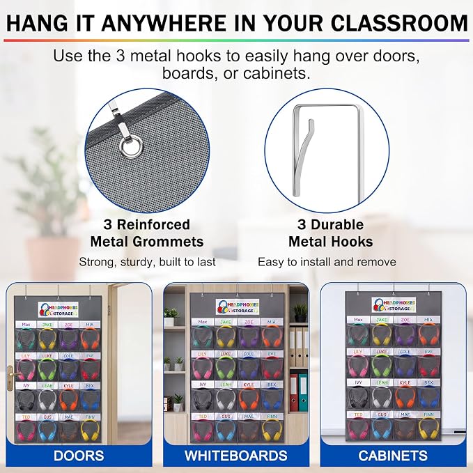 AmazingSpark 16 Pockets Classroom Headphone Storage Thickened Non-woven Fabric Mesh Pocket Chart Over The Door Hanging Cell Phone Organizer with Signed Card for Back to School Classroom Library, Gray