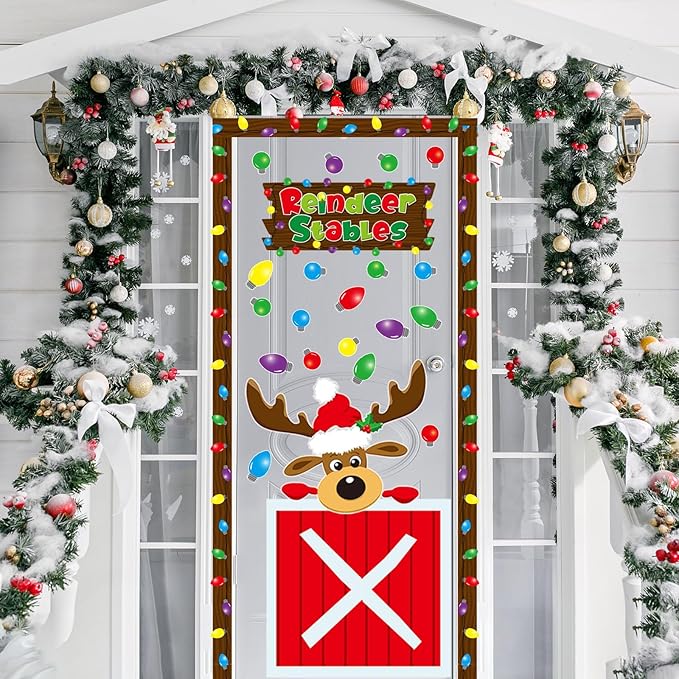 Christmas Bulletin Board Decorations Set Xmas Reindeer Stable Classroom Decor Xmas Bulb Elk Paper Cutouts with Borders for Door Wall School Classroom Winter Holiday Party Supplies
