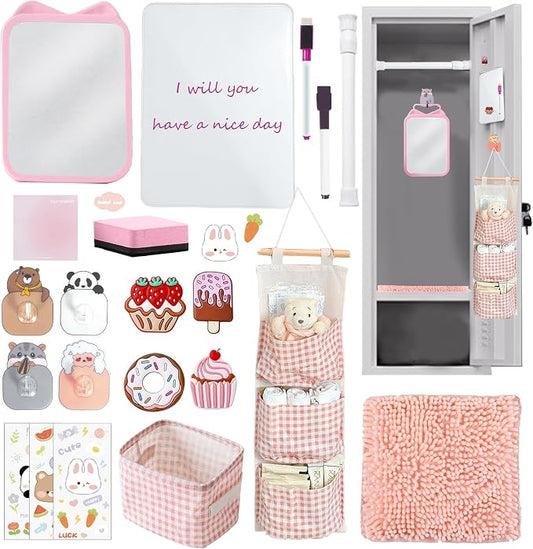 Tazimi Locker Accessories Kit with Magnetic Whiteboard, Mirror, Hook, Rug, Storage Bag, Pen Holder - Back to School Essentials for Girls' Locker Organizer