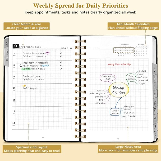 JoyCat Academic Planner 2026-2027, July 2026 - June 2027, A5 Weekly & Monthly Planner, Hardcover Agenda with Tabs, 5 Sticker Sheets, Elastic Closure & Pocket for Teachers & Students, 6.3" x 8.5", Black