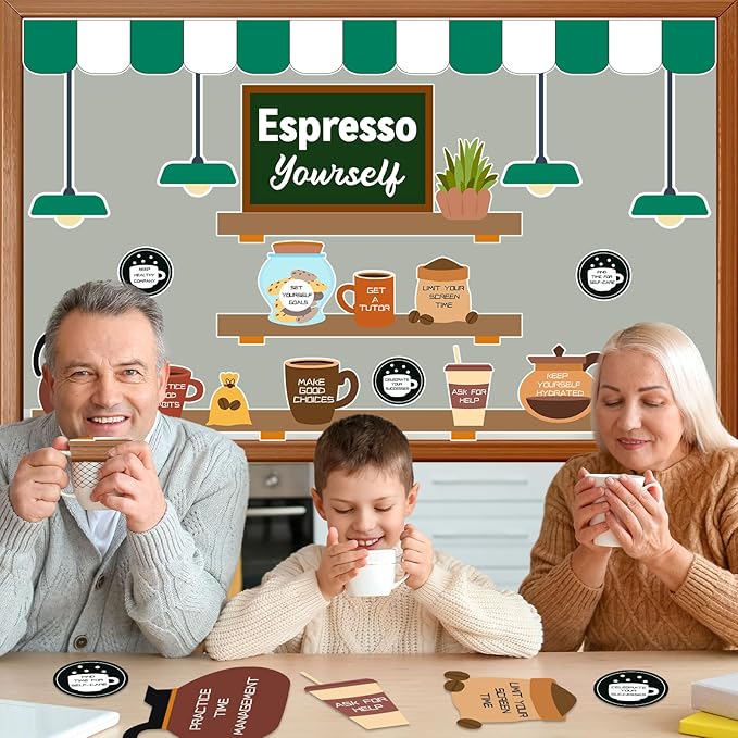 QOUBAI Coffee Bulletin Board Set Mental Health Classroom Bulletin Board Decorations Coffee Shop Motivational Cutouts Classroom Decorations for Back to School Office Home Chalkboard Decor Wall Door