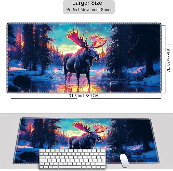 Mouse Pad Gaming Mousepad 31.5x11.8 Inch XXL Large + Coasters,Desk Mat with Stitched Edges, Non-Slip Rubber Base, Thick Mouse Pad for Computer, Laptop, Office & Home - Glowing Moose Deer