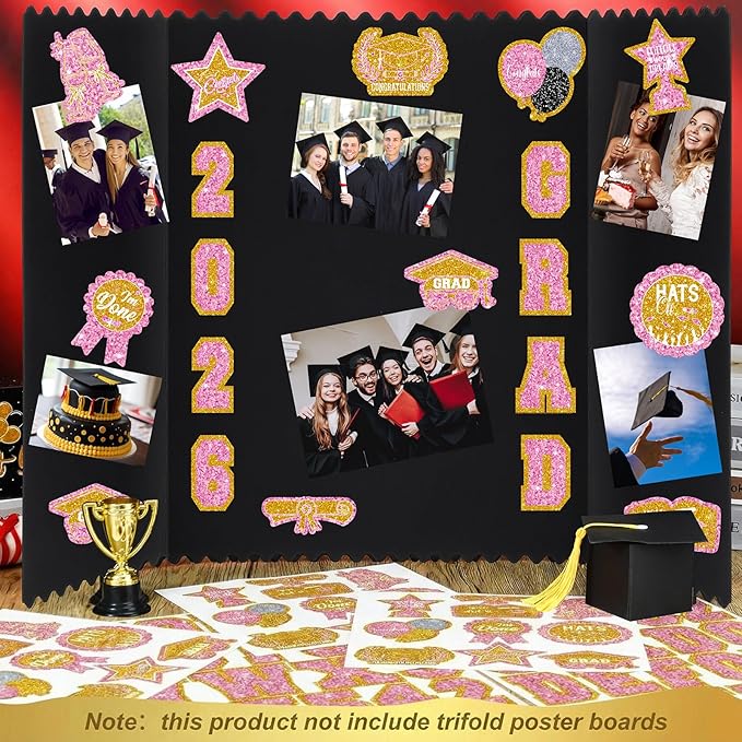 AmazingSpark 4 Sets Graduation Photo Display Board Trifold Poster Board with 12 Graduation Themed Stickers for 2026 Grad Party Decoration Picture Collage Frame Supplies (24 x 16,Pink Gold)