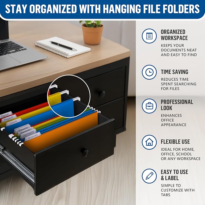50 Pack Hanging File Folders Letter Size 8.5 x 11 - Colored File Folders Hanging with 1/5-cut Tabs - File Cabinet Folders - Letter Size Hanging File Folder Bulk - Hanging Folders for Filing Cabinet