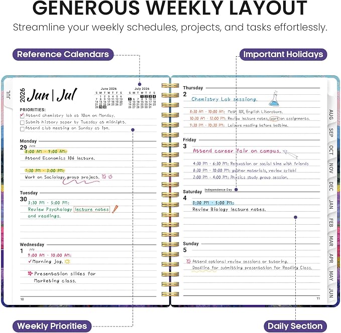 Planner 2026–2027, Academic Year Monthly & Weekly Calendar Book, Jul 2026–Jun 2027, Hardcover Organizer with Tabs, Student & Teacher Planner, 6.3" x 8.5", Sienna Meadows