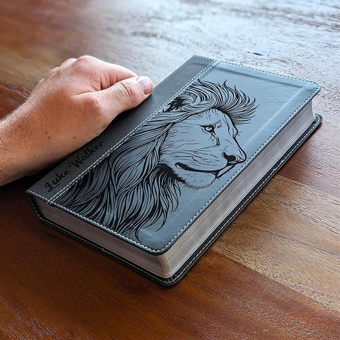 Farm and Posh Personalized NIV Personal Bible with Crown of Thorns | Large Print (Black Lion Side Profile)