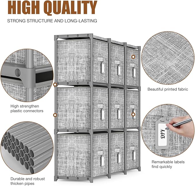 LUKYTOWER 9 Cube Closet Organizer with Beautiful Printed Drawers + Labels,Adjustable Modular Storage Shelf, Toy Cubby Organizer