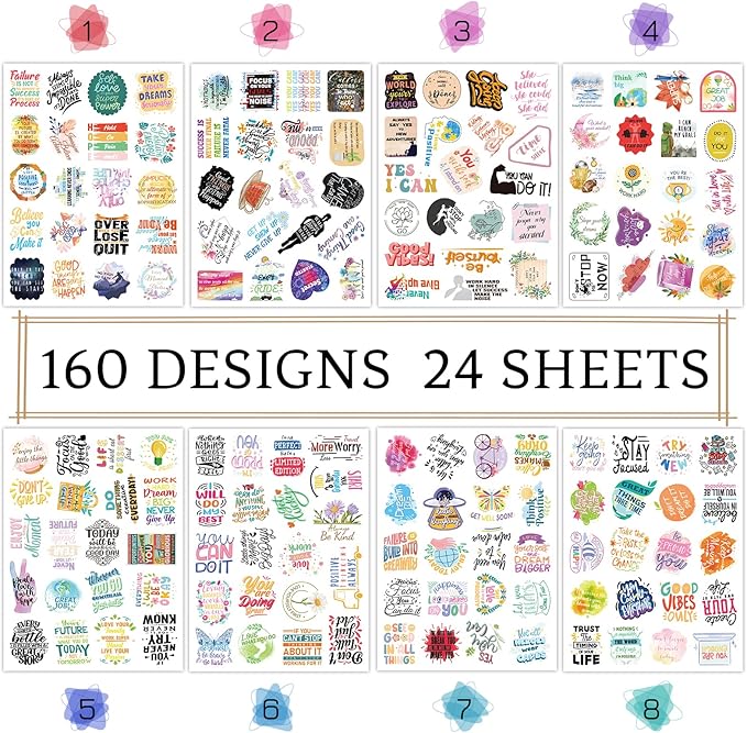 Motivational Stickers 480 Pieces Positive Calendar Stickers for Adults Planner 24 Sheets Inspirational Words Sticker for Water Bottle Diary Album Letter Sticker for Teens Kids Students