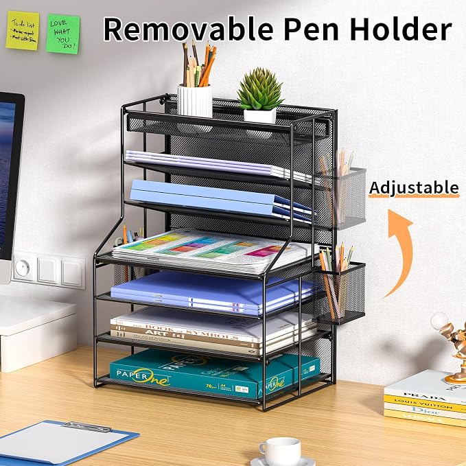Black 7 Tier Desk File Organizer, Metal Letter Tray Paper Organizer with Pen Holder and Metal Hanging Basket, Vertical Desktop File Holder for Home Office Organization