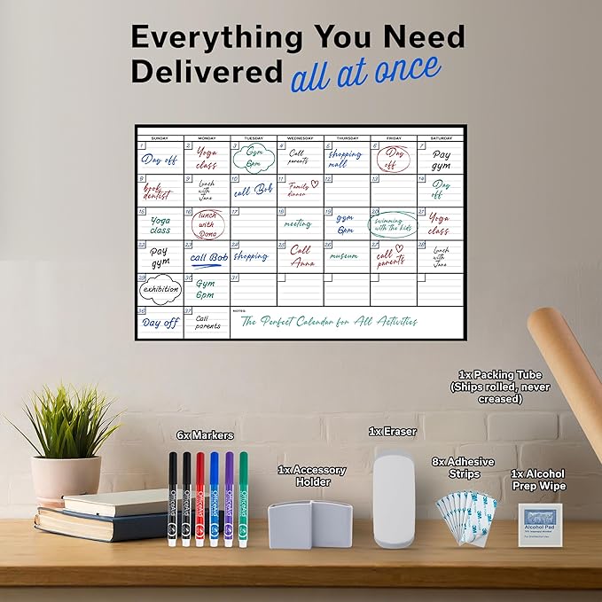 Yearly Large Dry Erase Calendar Wall Planner, 24x36, 12 Month Undated Reusable Laminated Wall Calendar, Blank Erasable Task Organizer with Notes for Office, Classroom & Home