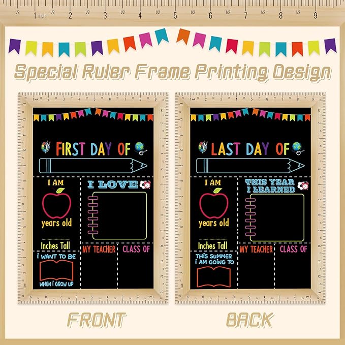 Pajean First and Last Day of School Board Sign Chalkboard with Ruler Frame Printing, Reusable Back to School Board Wooden Double Sided Photo Prop, 14 x 10 Inch