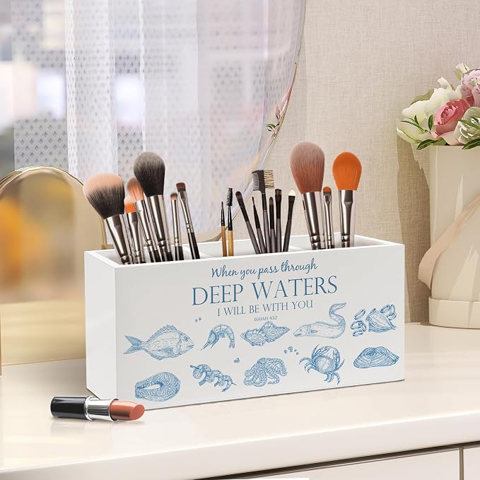 Coastal Beach Christian Bible Verse Pen Holder, Christian Gifts Office Pen Pencil Holder Organizer for Desk Accessories, Ocean Religious Wooden Box Desk Decor for Home Office Desk Decorations