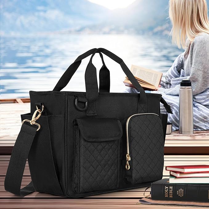 LUXJA Large Bible Bag with Water Bottle Pocket and Shoulder Strap, Bible Tote Bag for Women with Multiple Pockets (Bag Only), Black