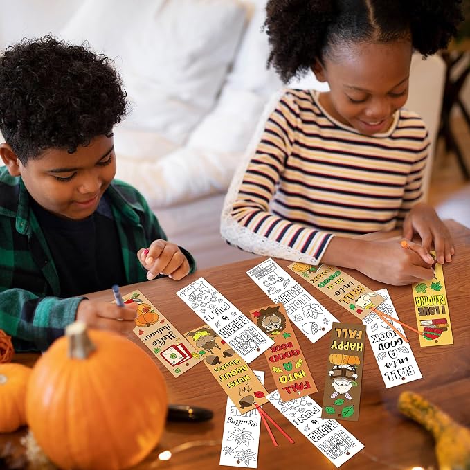 ANGOLIO Fall Animal Coloring Bookmarks - 123Pcs Autumn Animals Color Your Own Bookmarks for Kids, Squirrels Hedgehogs Blank DIY Art Crafts for Classroom Party Favors Reading Rewards Goodie Bag Fillers