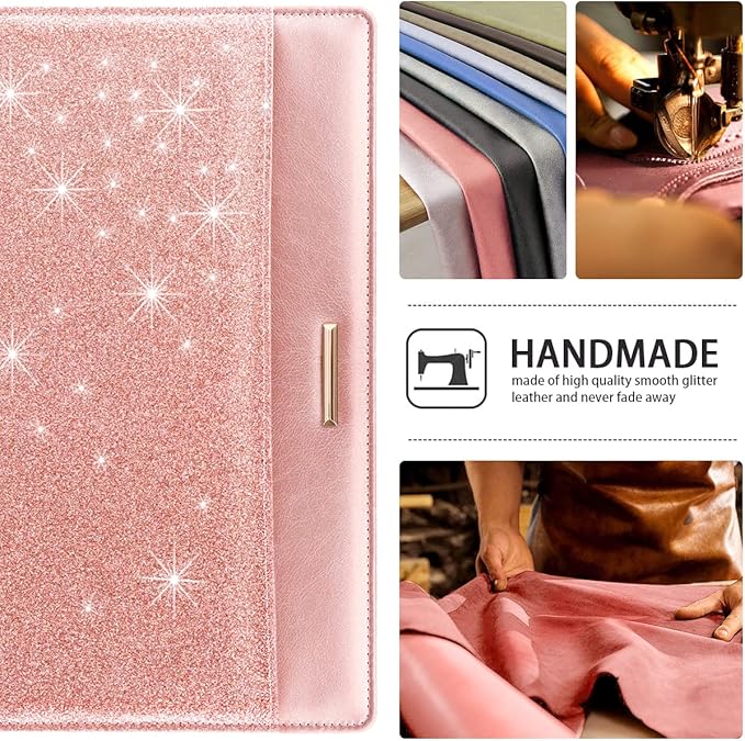 Glitter Pink Padfolio/Resume Portfolio Folder for Women Girls, WAVEYU Cute Chic Padfolio Cover Folder, Conference/Legal Document Organizer with Letter/A4 Size Clipboard, Document Sleeve, Rose Gold