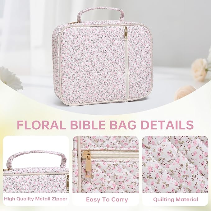 Bible Cover Case for Women Large Bible Cover with Durable Handle Quilted Bible Carrying Case for Girls Bible Study Supplies Accessories (Mini Pink Flower, Mini Pink Flower)