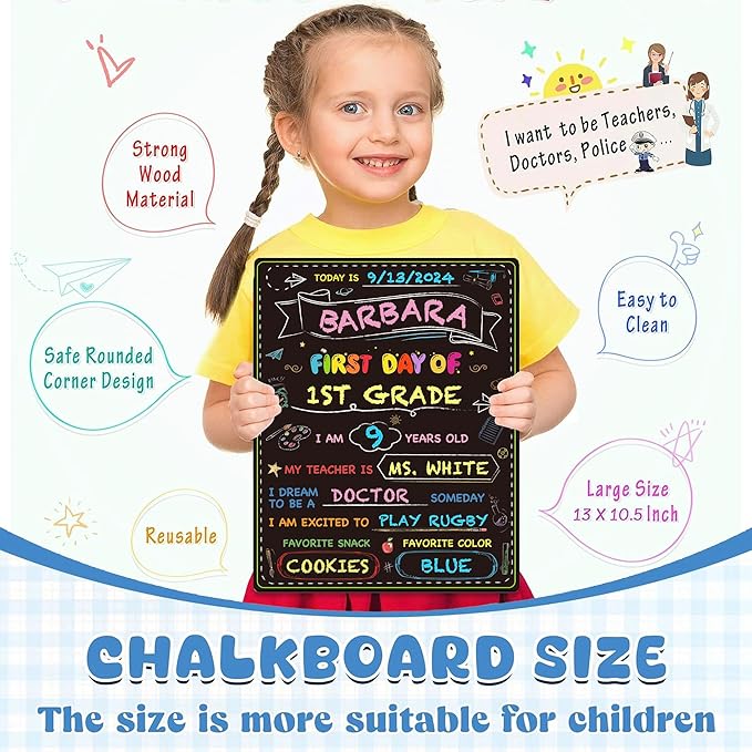 First Day of School Board, Back to School Sign, Reusable Color Painting Last Day Board, Washable Chalkboard Signs for Kindergarten Pre-K Gift 13" X 10.5"