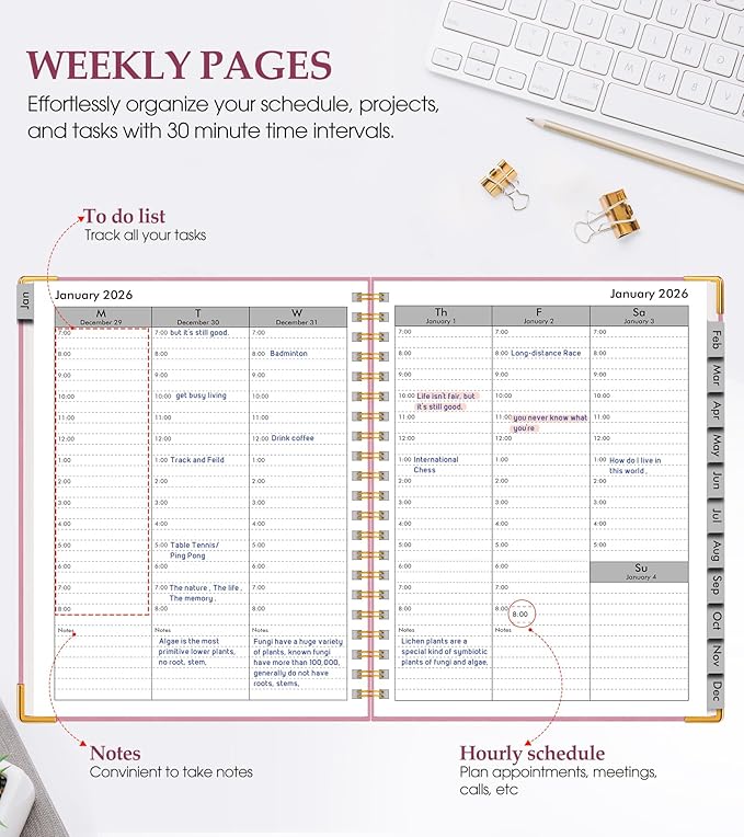 2026 Planner, Weekly and Monthly Calendar Planner from January 2026 - December 2026, 8.5" x 11" Hardcover Leather Hourly Appointment Book with Tabs, Spiral Daily Planners for College School Work Home, Light Pink