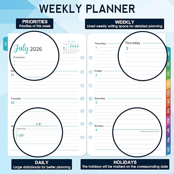 2026-2027 Planner Refills - A5 Planner Inserts with 7-Hole Punched, JUL 2026 - JUN 2027, 5-1/2" x 8-1/2", Planner Refills 2026-2027, A5 Binder Inserts, Weekly Monthly Planner 26-27 with Colorful Tabs