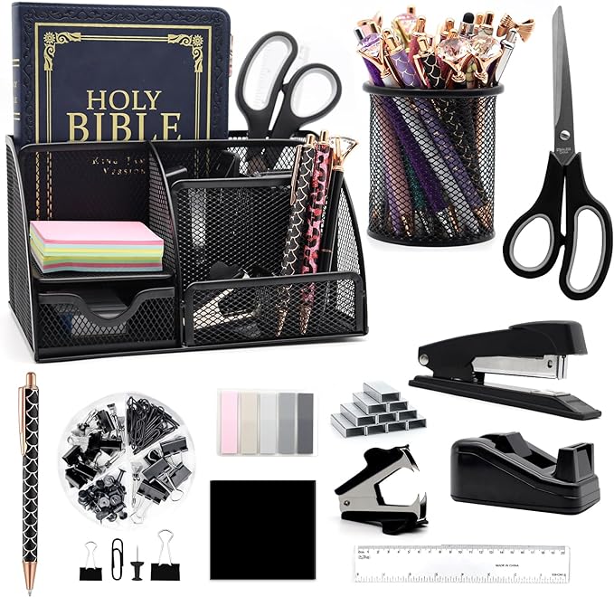 Black Desk Organizers and Accessories,12pcs Office Supplies Set With Pen Holder, Tape Holder, Stapler, Scissors, Ruler, Staple Remover for Office & Study Room, Gift for Coworker