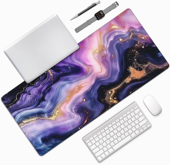 35.4" x 15.7" Purple Gold Marble Galaxy Extended Mouse Pad, Desk Mat with Non-Slip Base, Water Resistant for Gaming & Office