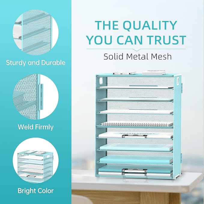 DALTACK 9-Tier Paper Organizer for Desk, Mesh Letter Tray Desk Organizer with Handles, Space-Saving File Organizer for Office Home School, Blue 2 Pack