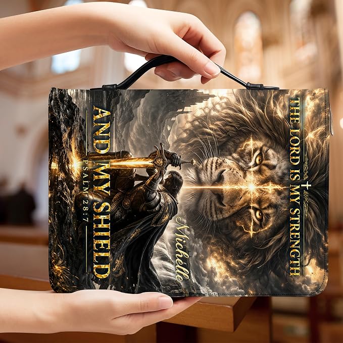 Personalized Man of God Bible Cover for Men, Christian PU Leather Bible Case with Handle Zipper, God Says I Am Warrior Scripture Bible Holder, Religious Gift for Men (The Lord id My Strength)
