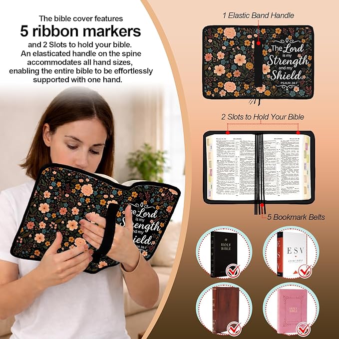 Floral Bible Cover for Women, Large Bible Bag Carrying Case with Shoulder Strap Bible Study Supplies Journaling Kit Book Carrying Case with Pens Highlighters Cross Clips Tabs Christian Gift