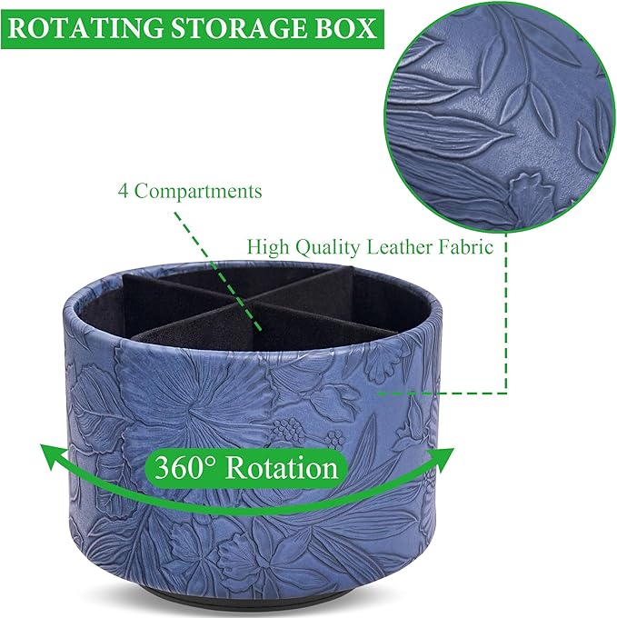 Round Leather Art Supply Organizer,Remote Control Holder,360 Degree Spinning,Multi-Functional Pencil Holder,4 Compartments Desktop Stationary Organizer(1-Carved Blue)