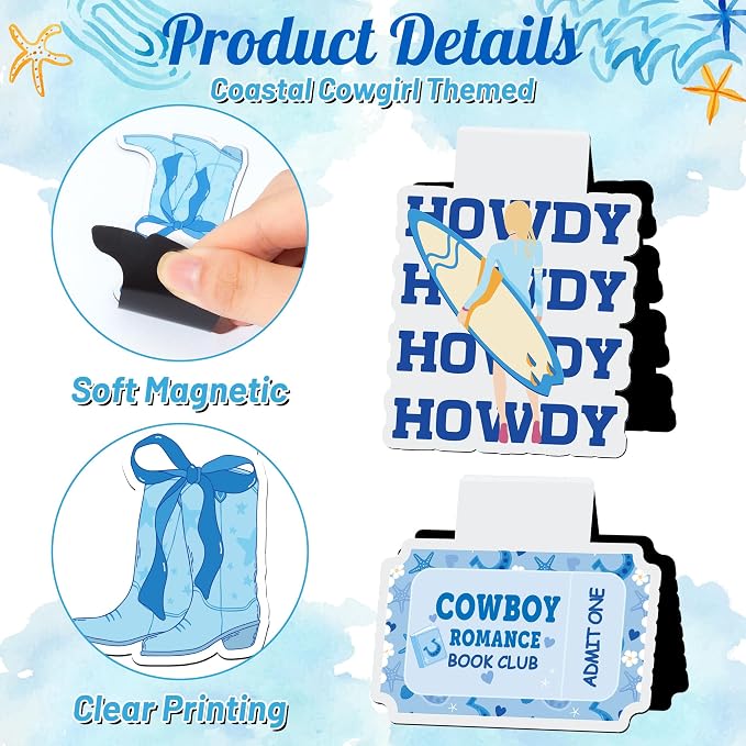 Coastal Cowgirl Reading Magnetic Bookmark - 20Pcs Summer Ocean Funny Bookmark Blue Beach Reading Bookish Page Marker Clip Reader Accessories for Girl Women Graduation Back to School Book Club Gift
