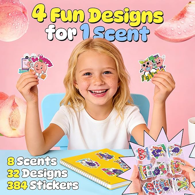 384PCS Scratch and Sniff Stickers for Kids, Large Scented Reward Smelly Fruits Stickers, Motivational Incentive Fun Sticker with Positive Words for Students School Teachers Must Haves, 32 Designs
