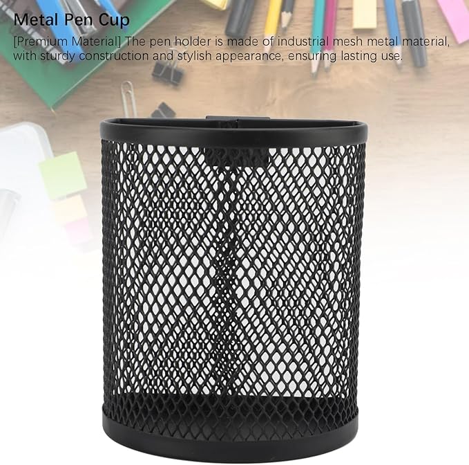 Hanging Pencil Holder Pen Holder Cup for Desk, Metal Hook Wall Mounted Pen Holder, Mesh Pencil Holder for Hanging on Wire Mesh Wall Grid Panel for Desk Office Pen Organizer,Black 9.5x8x5.5cm