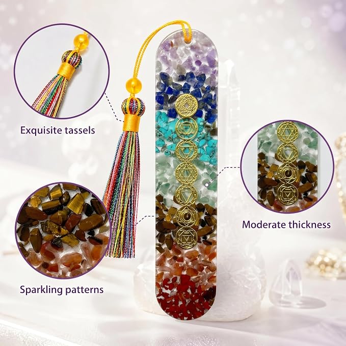 Fantasy Vintage Bookmark Gifts - 7 Chakra Stones Healing Crystals Resin Bookmarks for Women Men Book Lovers Beaded Tassels Page Marks Reading Accessories Bookish Birthday Graduation Gift
