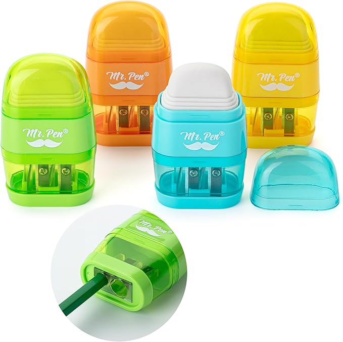 Mr. Pen- Pencil Sharpener & Eraser, 4 Pack, 2-in-1 Manual Sharpeners with Canister, 2 Sharpening Holes for Standard & Jumbo Pencils, Colorful Dual Hole Design for School, Office, Home, Kids