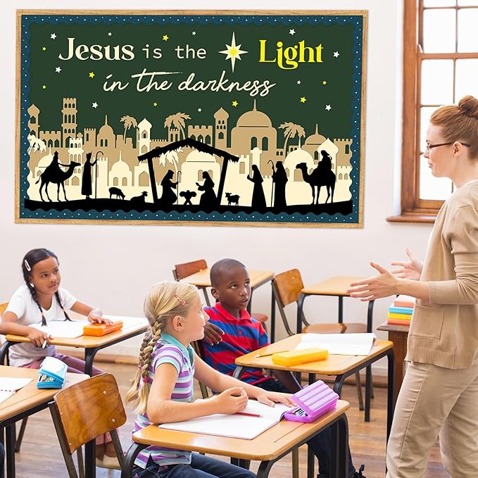 Christmas Religious Bulletin Board Jesus Lights Cutout Nativity Classroom Decoration Christian Bulletin Board for School Classroom Home Chalkboard Wall Door Décor Christmas Holiday Party Supplies