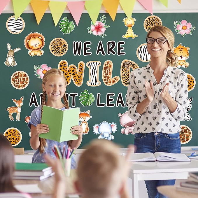 JarThenaAMCS We are Wild About Learning Bulletin Board Set Wild Safari Animals Paper Cutouts with 100Pcs Glue Points Woodland Theme Cut-Outs Decor for Back to School Kindergarten Jungle Party, 56Pcs