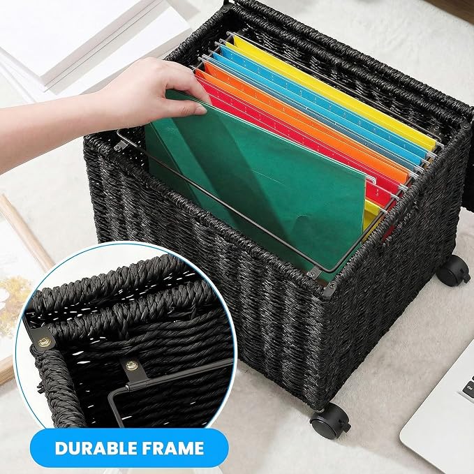 Cinnvoice Decorative Rolling File Cabinet 14 x 12 x 11.5 in Seagrass Wicker File Box Organizer for Letter & Legal Size Handwoven Hanging Filing Basket with Lid for Folder Home Office Decor Black